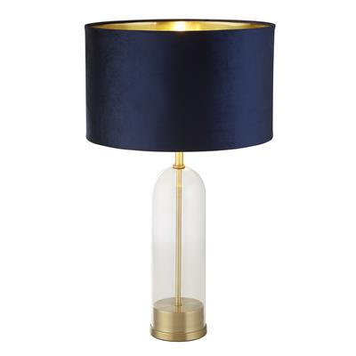 Oxford Table Lamp- Glass, Brass Metal & Navy Velvet Shade