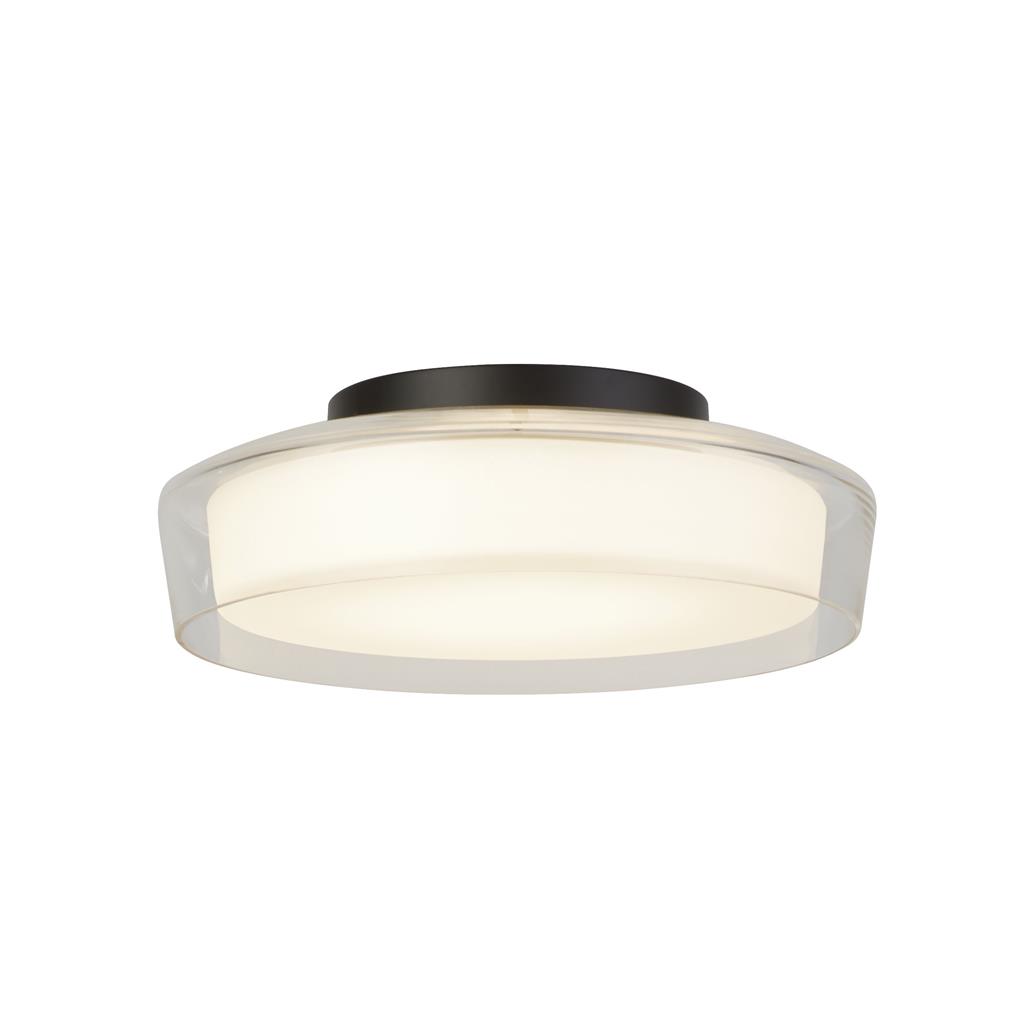 image of a flush bathroom ceiling light in black metal with frosted glass shade