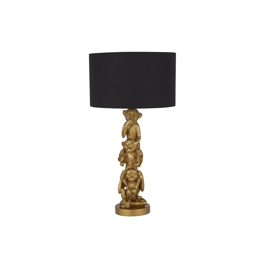3 Wise Monkeys Table Lamp - Gold Resin & Black Fabric Shade