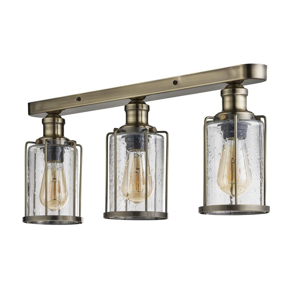 Pipes 3Lt Flush Ceiling Light - Antique Brass & Seeded Glass