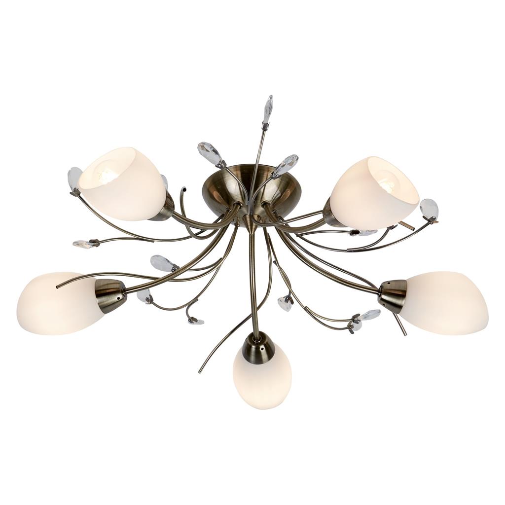 Gardenia 5Lt Flush Ceiling Light - Antique Brass & Glass
