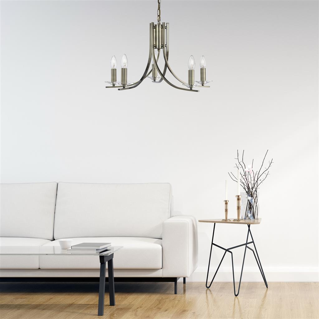 Ascona 5Lt Pendant - 
Antique Brass with Clear Glass Sconces