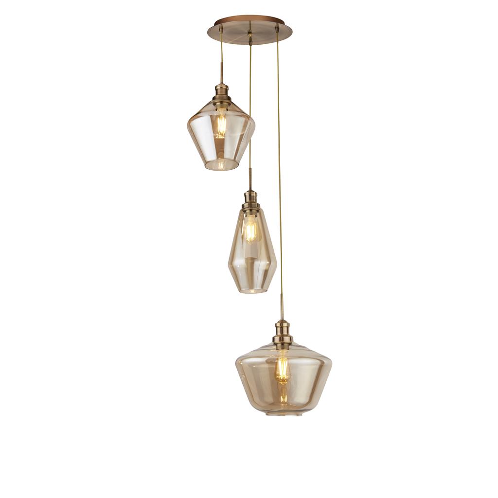 Mia 3Lt Ceiling Pendant - Antique Brass & Smoked Glass