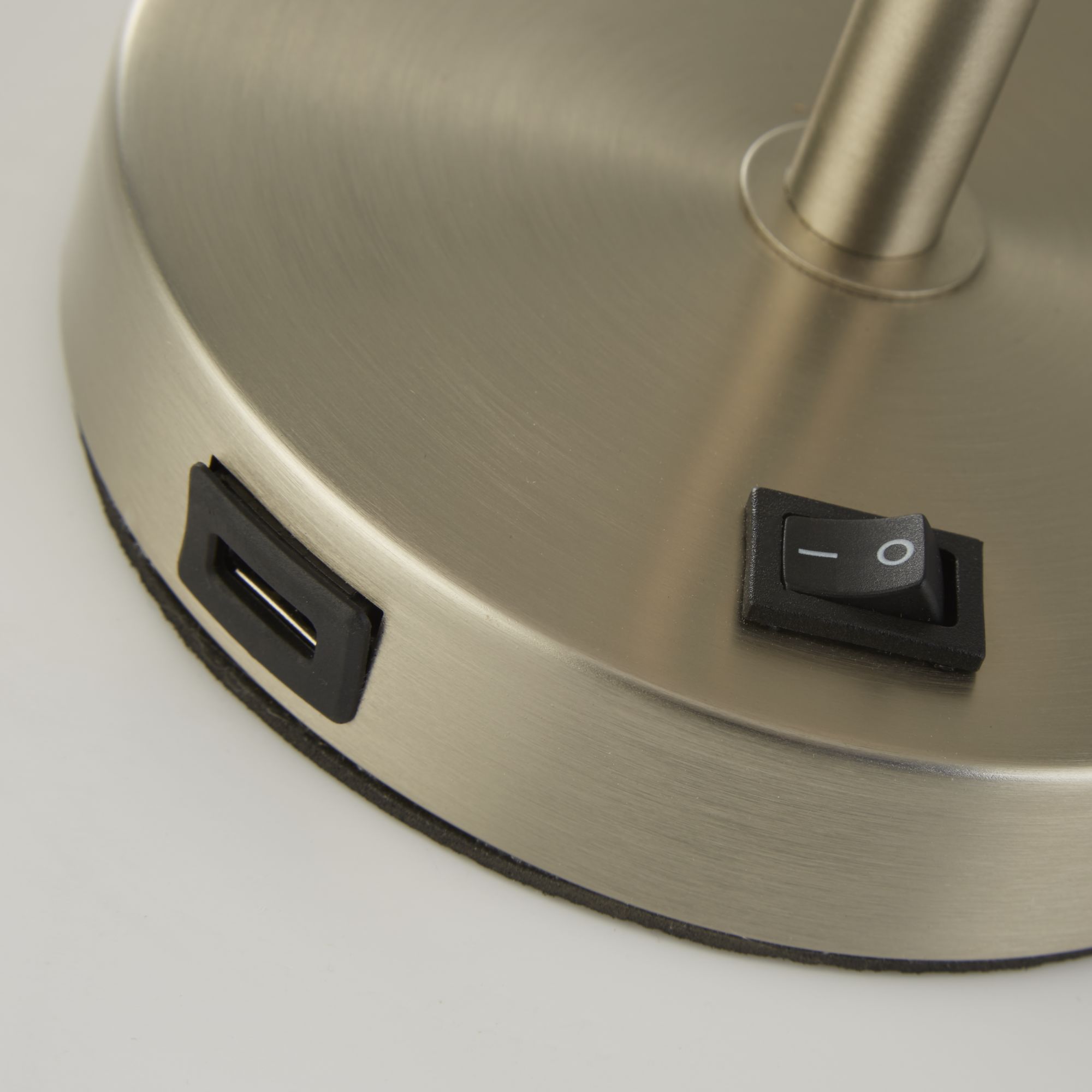 Finn USB Table Lamp - Satin Nickel Metal & Grey Velvet Shade