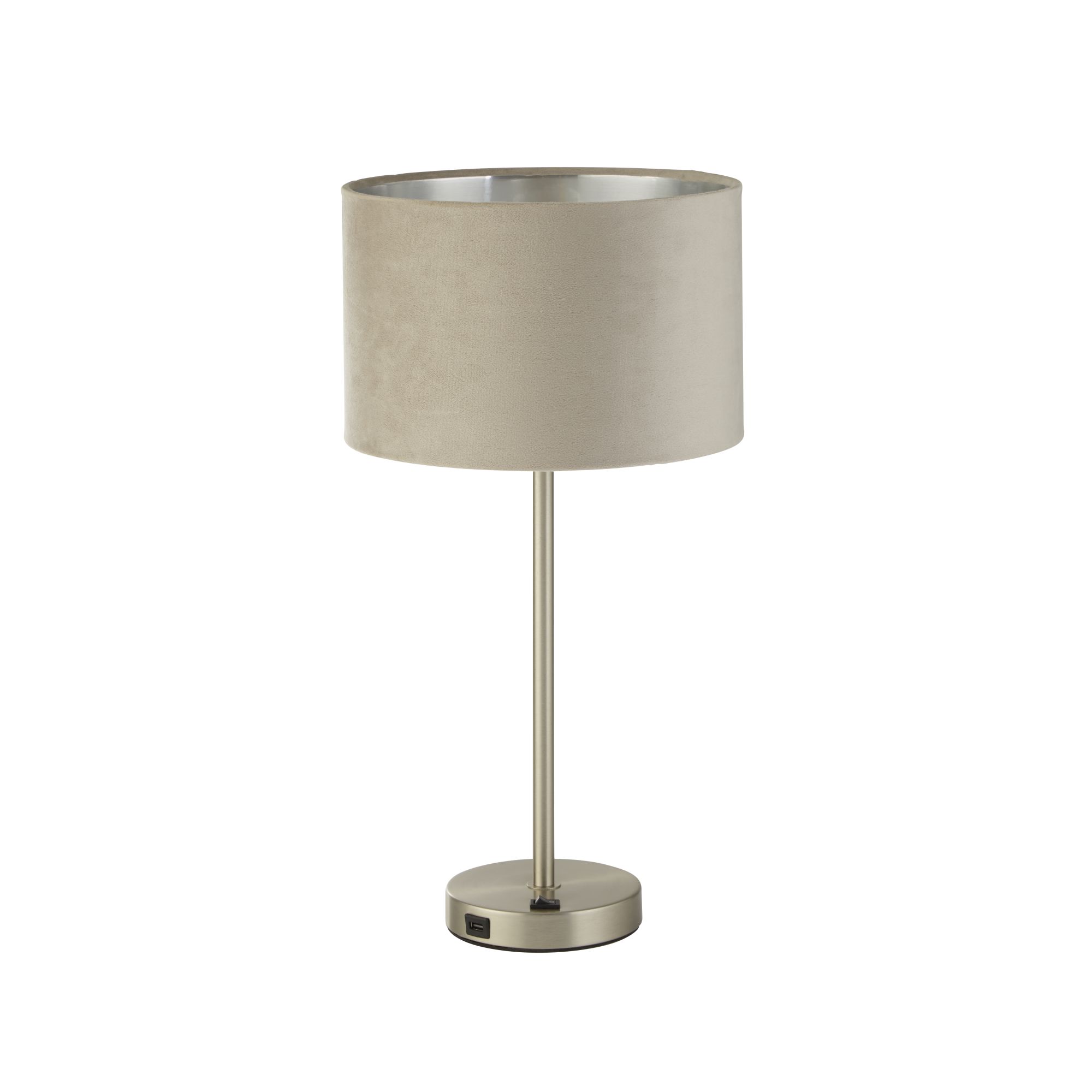 Finn USB Table Lamp -Satin Nickel Metal & Taupe Velvet Shade