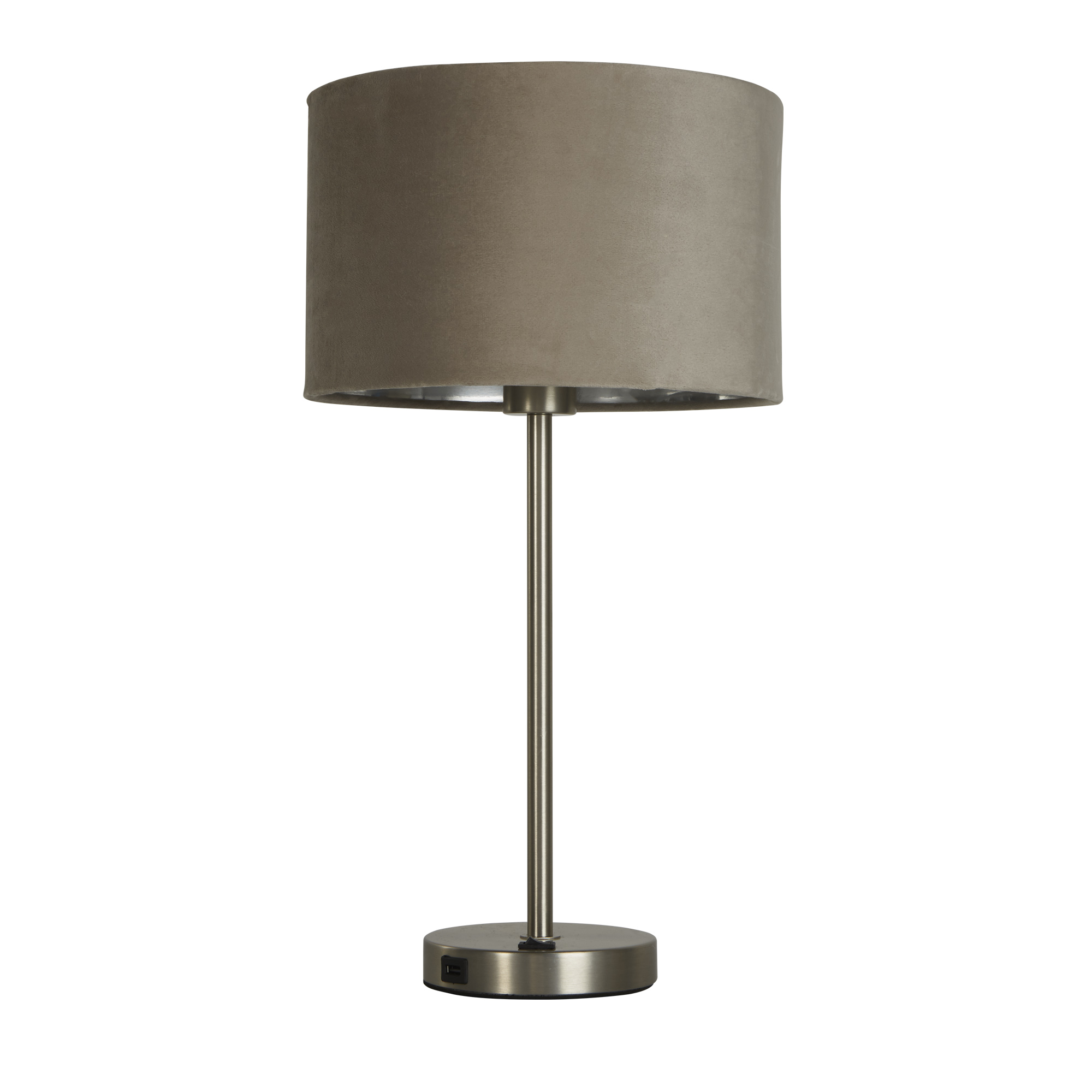 Finn USB Table Lamp -Satin Nickel Metal & Taupe Velvet Shade