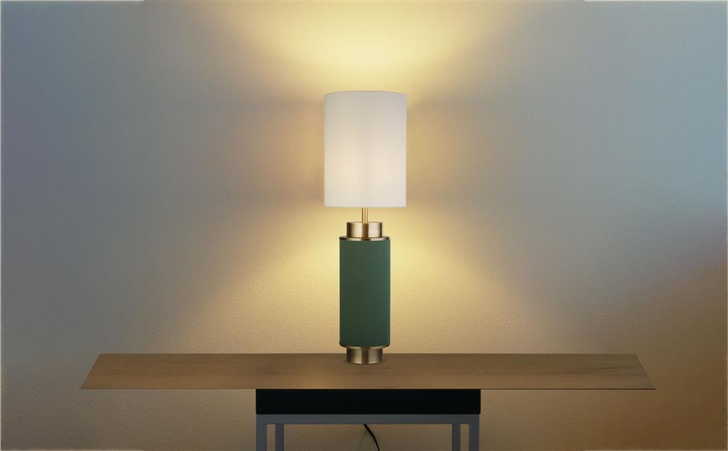 Flask Table Lamp -Antique Brass, Green Hessian & White Linen