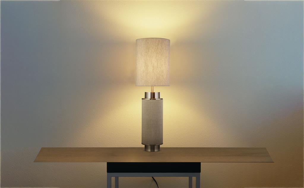 Flask Table Lamp - Satin Nickel, Grey Hessian & White Linen