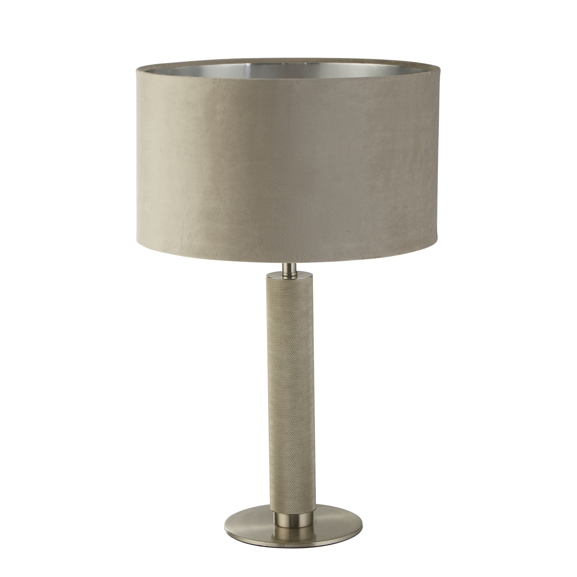 London Table Lamp- Knurled Satin Silver & Taupe Velvet Shade