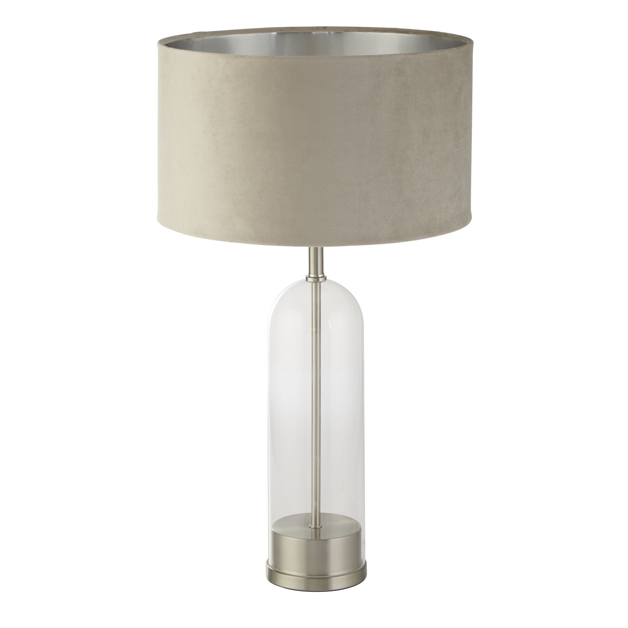 Oxford Table Lamp - Glass, Satin Nickel & Taupe Velvet Shade
