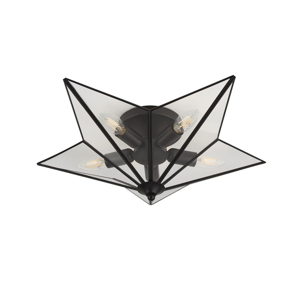 Star 5Lt Flush Ceiling Light - Black Metal & Glass