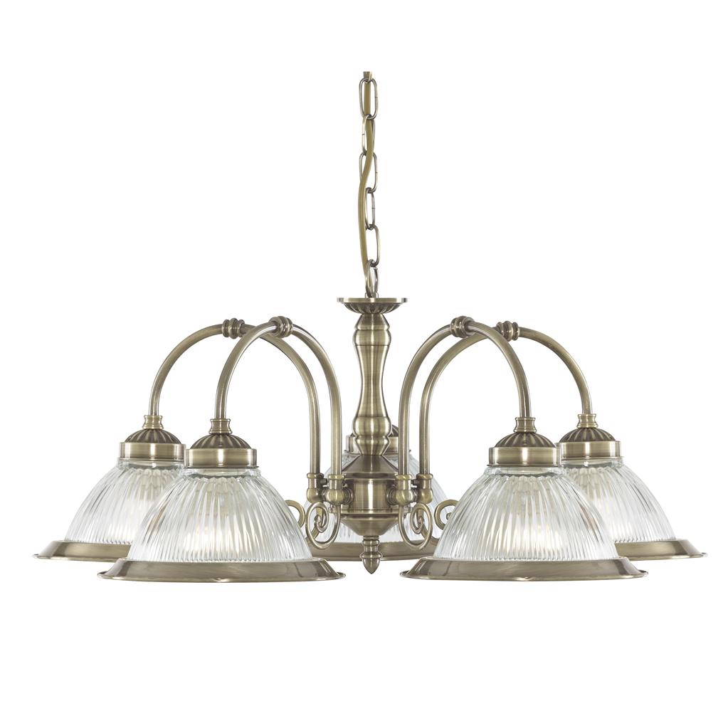 American Diner 5Lt Ceiling Pendant - Antique Brass & Glass