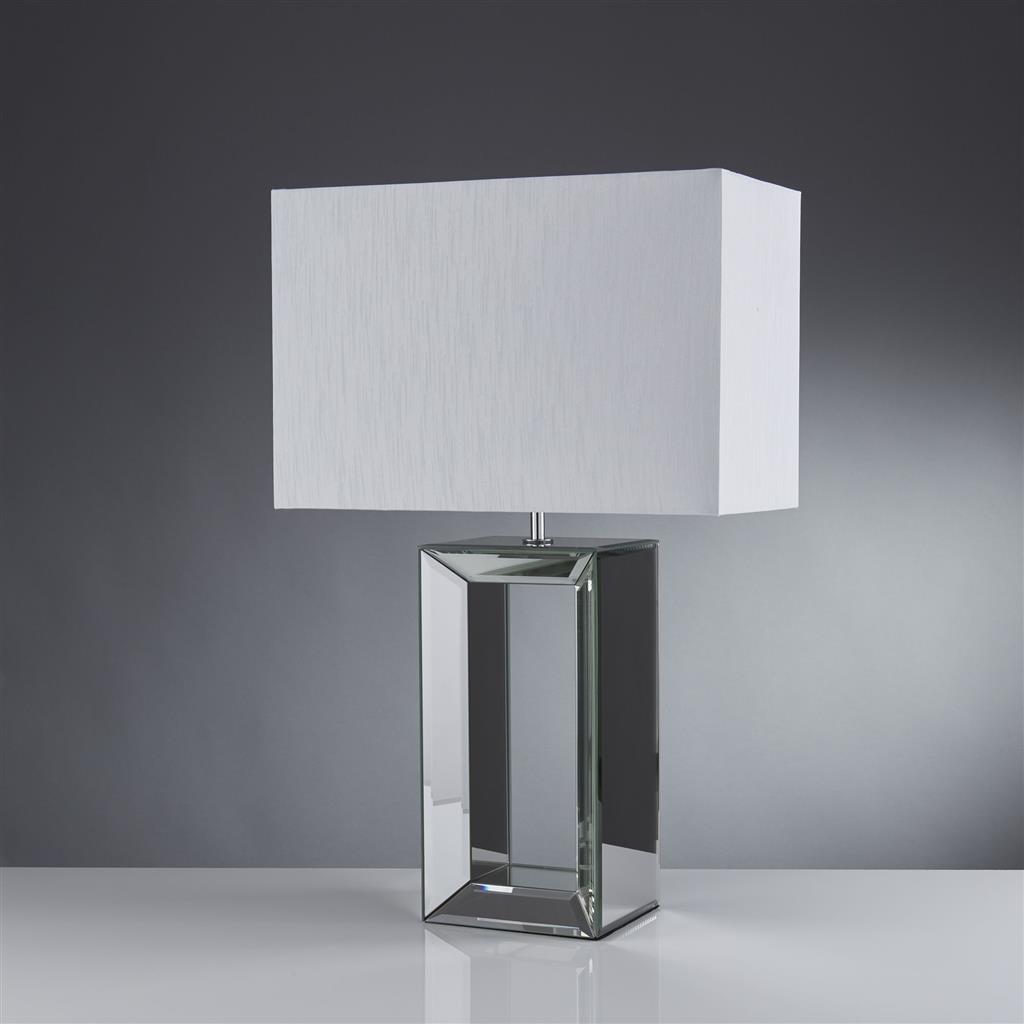 Mirror Table Lamp - Mirrored Glass & White Faux Silk Shade