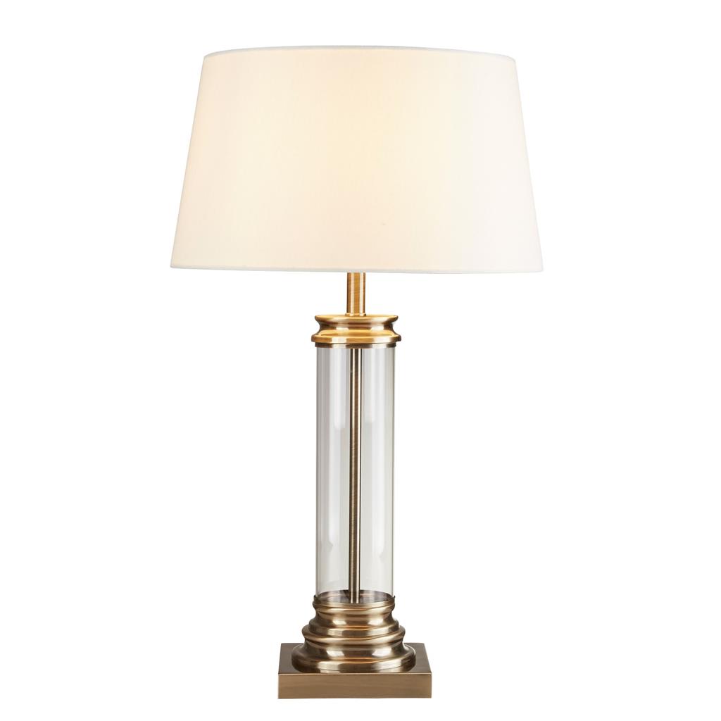 Pedestal Table Lamp - Glass, Antique Brass & Cream Shade