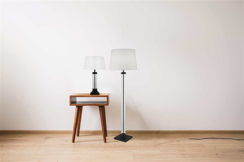 Pedestal Floor Lamp -Clear Glass, Black Metal & White Shade