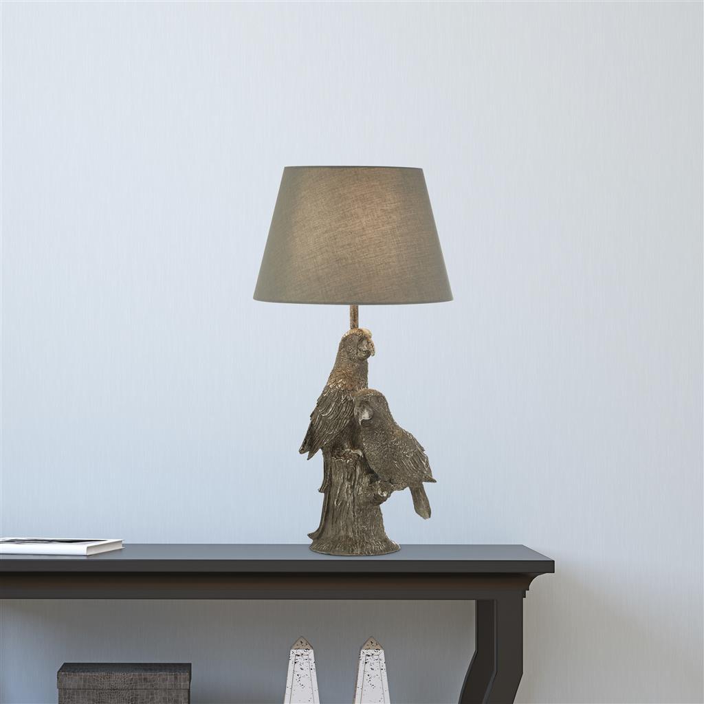 x Parrot Table Lamp - Silver Resin & Grey Fabric