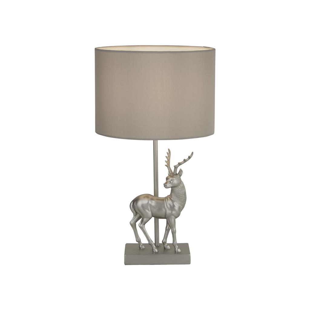 Deer Table Lamp - Silver Resin & Grey Fabric Shade
