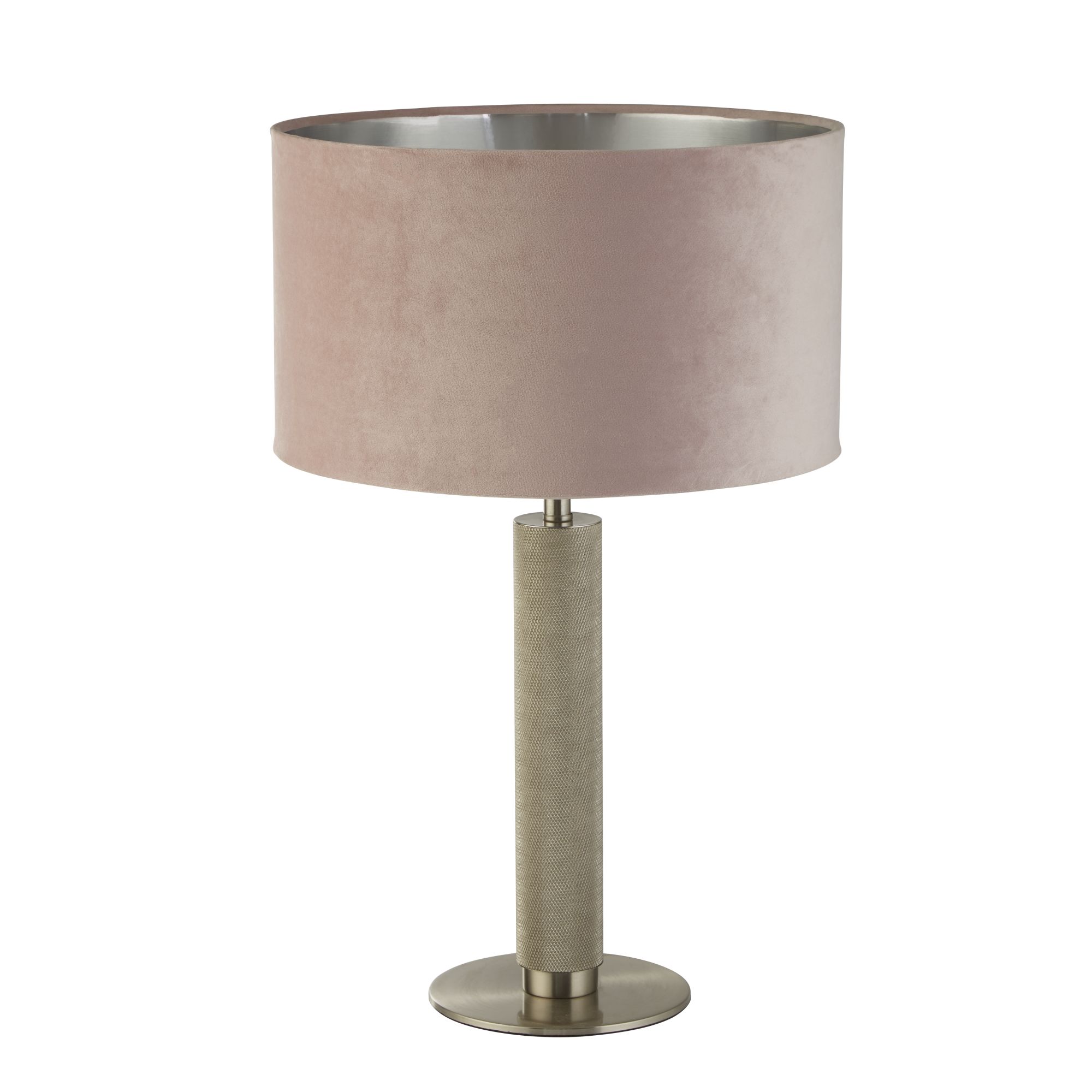 London Table Lamp- Knurled Satin Silver & Pink Velvet Shade