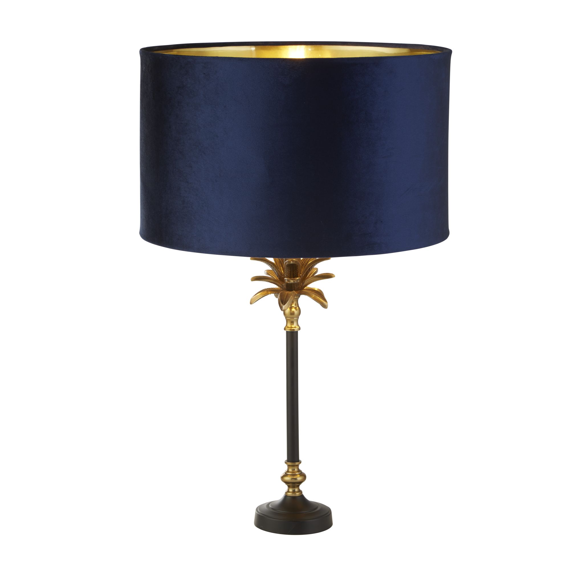 Palm Table Lamp - Black & Brass Metal & Navy Velvet Shade