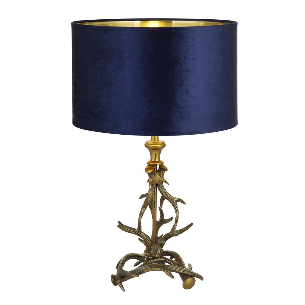 Lux & Belle Antler Table Lamp -Antique Brass & Navy Shade