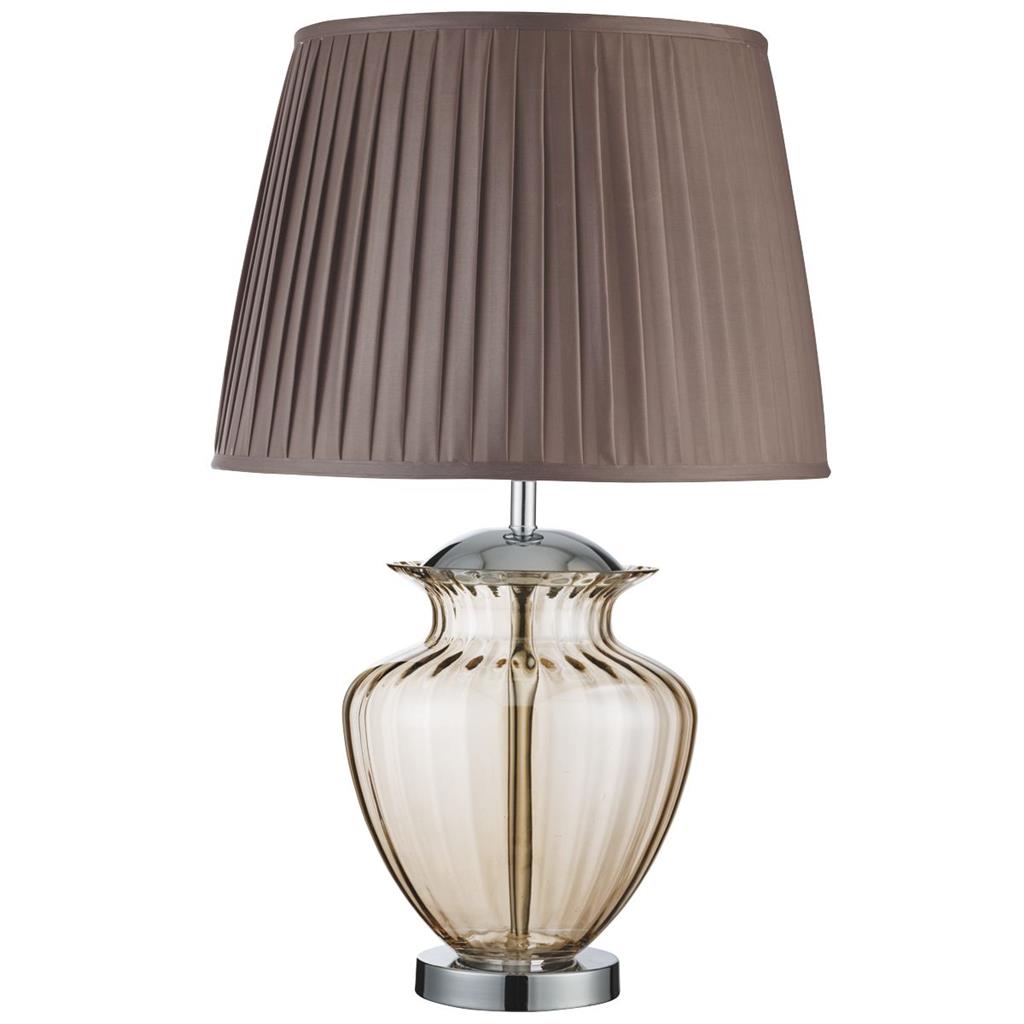 Elina Table Lamp - Amber Glass, Chrome, Brown Pleated Shade