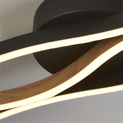 Bloom Swirl LED Flush Ceiling Light - Black With Wood Effect