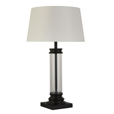 Pedestal Table Lamp  -  Black Metal, Glass & Fabric Shade