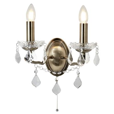 Paris 2Lt Wall Light - 
Antique Brass, Clear Crystal Drops