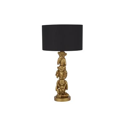 x 3 Wise Monkey Table Lamp - Gold Resin & Black Shade