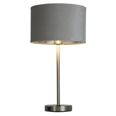 Finn USB Table Lamp - Satin Nickel Metal & Grey Velvet Shade